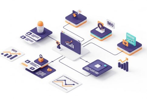Isometric illustration showing affiliate website gaining authority and ranking through backlinks