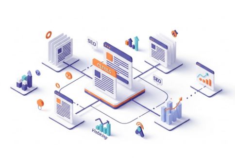 Isometric illustration showing bloggers improving authority and search visibility through backlinks