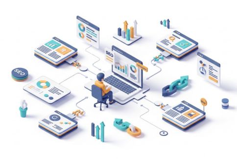 Isometric illustration showing freelance SEO consultant improving client results through backlinks from niche-relevant websites