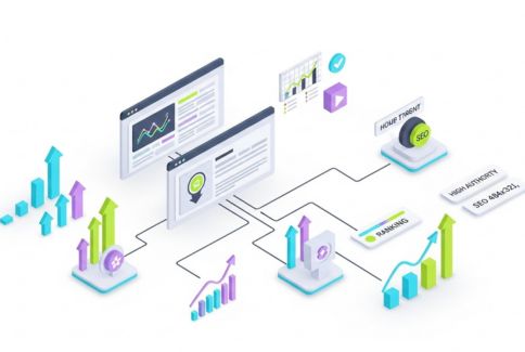 Isometric illustration showing website owners improving rankings, traffic, and authority through backlinks
