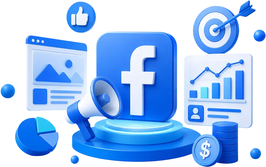 3D Facebook marketing illustration with analytics, target, megaphone, engagement, and advertising growth icons.