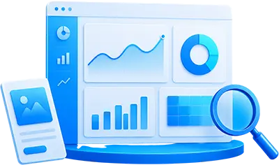 Analytics dashboard with performance charts, graphs, and a magnifying glass representing website data analysis and reporting.