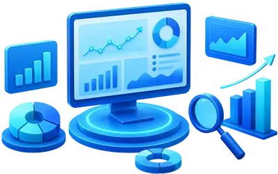 3D business analytics dashboard illustration featuring performance charts, KPI metrics, pie charts, growth graphs, magnifying glass, and data visualization elements representing marketing analytics, business intelligence, performance tracking, and data-driven decision-making.