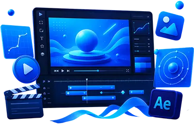 Video editing and motion graphics illustration featuring a professional editing timeline, multimedia assets, Adobe After Effects, animation tools, and digital content creation.