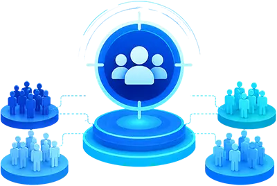 3D audience targeting illustration featuring a target reticle focused on a customer group, connected audience segments, and marketing network elements representing customer segmentation, audience targeting, lead generation, and digital marketing strategy.