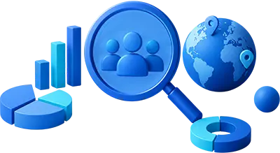 Audience analysis and market research illustration with customer insights, demographic targeting, analytics, global reach, and marketing performance.