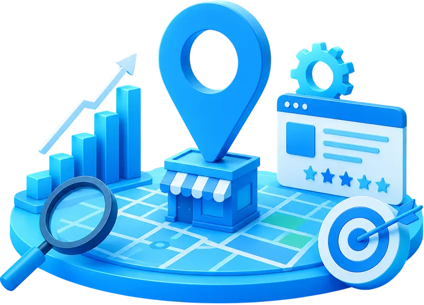 Local SEO optimization illustration with Google Business Profile, map location pin, analytics chart, customer reviews, and target marketing icons.
