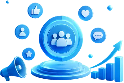 3D social media engagement illustration featuring a community icon, like, comment, and favorite symbols, megaphone, audience engagement elements, and an upward growth chart representing social media marketing, brand awareness, customer engagement, and audience growth.