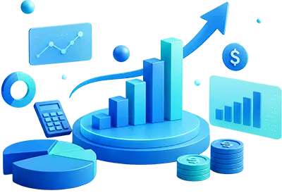 3D business growth illustration featuring an upward bar chart, revenue graph, financial analytics, calculator, pie chart, coins, dollar symbol, and performance metrics representing business growth, sales analytics, financial reporting, and data-driven decision-making