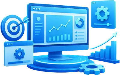 3D analytics dashboard illustration featuring performance charts, target icon, optimization settings, growth graph, and business metrics representing digital marketing analytics, campaign optimization, KPI tracking, and data-driven business growth.