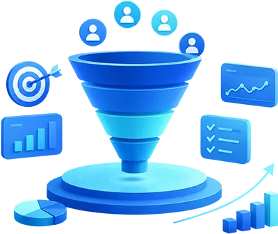 3D sales funnel illustration with audience targeting icons, conversion funnel, analytics dashboards, performance charts, growth metrics, and marketing optimization elements representing lead generation, customer acquisition, and digital marketing strategy.