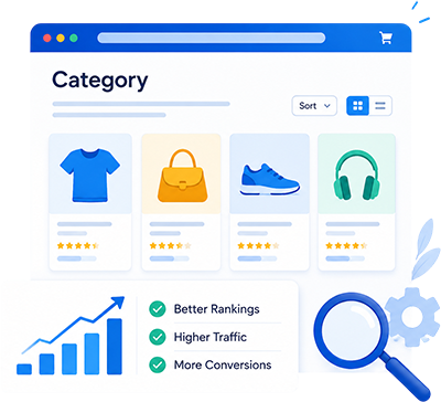 eCommerce category page optimization with SEO analytics, product listings, higher rankings, increased traffic, and improved conversions.