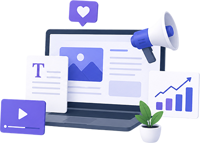 Digital content marketing illustration featuring website content, video, social engagement, analytics, and online business growth.