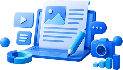 Content creation illustration with blog writing, video marketing, graphic design, content publishing, analytics, and digital marketing strategy.