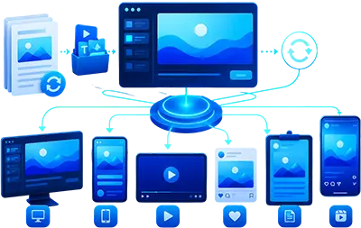 Website content synchronization across desktop, mobile, video, and social media platforms with cloud-based digital publishing workflow.