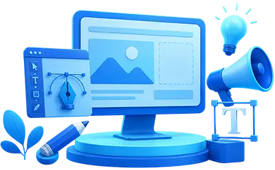 3D graphic design illustration featuring a desktop monitor with a web design interface, vector editing panel, typography tools, megaphone, light bulb, and creative design elements representing UI/UX design, branding, content creation, and digital marketing.