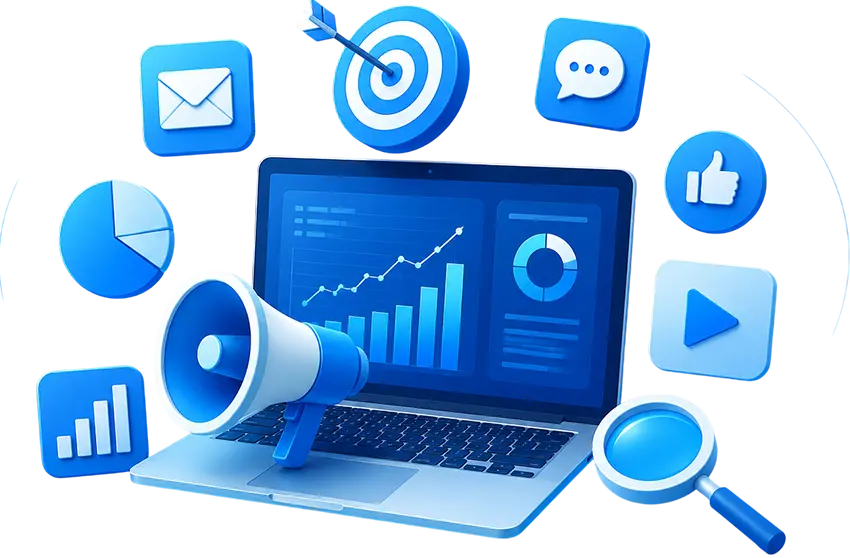Digital marketing and SEO illustration with website analytics, content marketing, social media, email marketing, audience engagement, and business growth