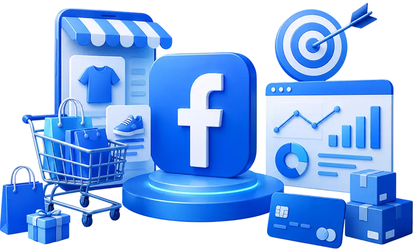 3D Facebook eCommerce illustration with shopping cart, online store, analytics, payments, and delivery icons