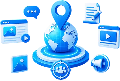 Global content marketing and international SEO illustration featuring world map, location pin, audience targeting, multimedia content, and digital marketing tools.