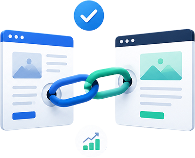 Link building illustration showing connected web pages, quality backlinks, domain authority, and SEO ranking growth