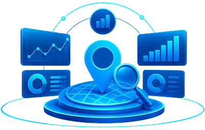 "Local SEO analytics illustration featuring business location tracking, search performance dashboards, data visualization, and website optimization tools."