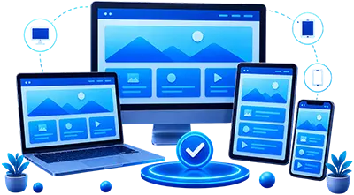Responsive website design displayed across desktop, laptop, tablet, and smartphone with mobile-friendly optimization and cross-device compatibility.