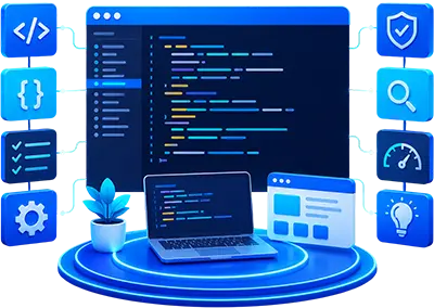 Software development workspace featuring source code editor, website development, technical SEO, website security, performance optimization, and coding tools.