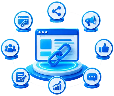 Link building and off-page SEO illustration featuring backlinks, website authority, social sharing, content marketing, user engagement, and search engine optimization.