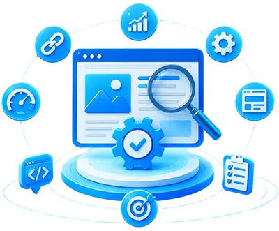 Technical SEO optimization illustration with website audit, content analysis, performance monitoring, backlink management, and search engine optimization tools.