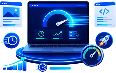 Website speed optimization illustration showing a laptop dashboard with page speed metrics, performance monitoring, SEO optimization, and website acceleration.