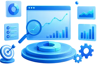 3D business analytics illustration featuring an analytics dashboard, magnifying glass, performance charts, KPI metrics, target icon, pie chart, checklist, and optimization gears representing data analysis, marketing performance tracking, business intelligence, and growth optimization.