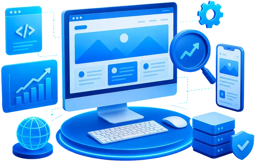 Website optimization and SEO analytics illustration showing a desktop website, mobile interface, performance graph, code, server, and search analysis tools.