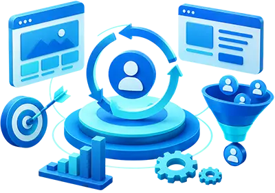 3D customer journey and marketing automation illustration featuring a user icon surrounded by circular workflow arrows, lead generation funnel, analytics dashboard, target icon, performance chart, and optimization gear representing customer lifecycle management, conversion optimization, and digital marketing strategy