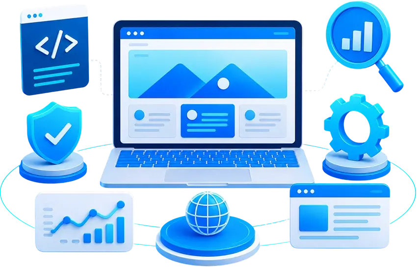 Laptop displaying a responsive website with SEO analytics, website security, web development, and performance optimization icons.