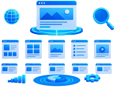 Website structure diagram illustrating multiple web pages connected to a central homepage with SEO analysis, analytics, and content organization.
