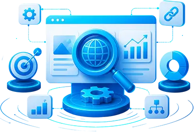 Technical SEO illustration showing website analysis with a magnifying glass, analytics dashboard, backlink optimization, site architecture, and performance tracking.