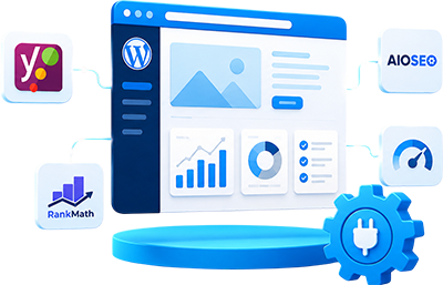 WordPress SEO dashboard with Yoast SEO, Rank Math, AIOSEO, website optimization, performance monitoring, and search ranking improvements.