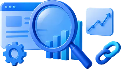 SEO analysis illustration with website audit, backlink analysis, performance tracking, search rankings, and technical SEO optimization.