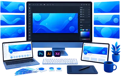 Professional social media banner and cover design services for Facebook, LinkedIn, YouTube, and business branding using Adobe Creative Suite.