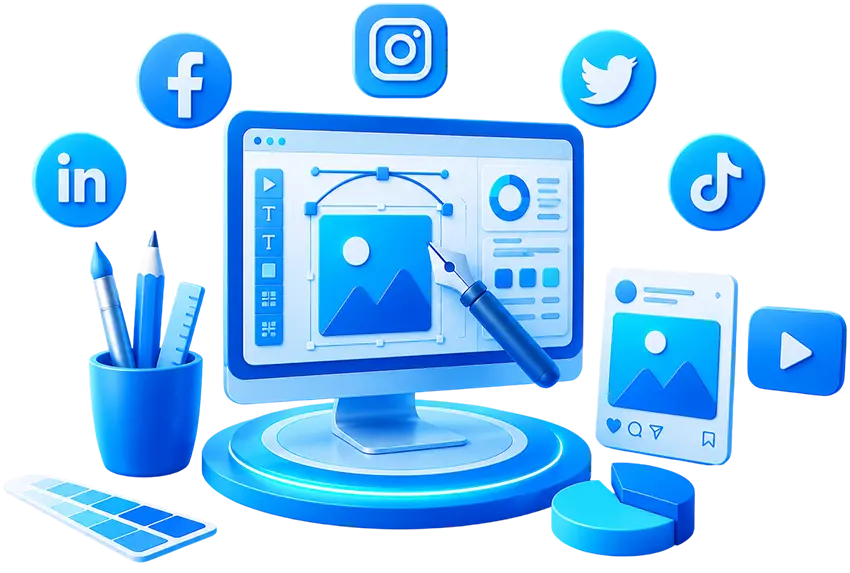 Social media design services illustration featuring content creation, graphic design, Facebook, Instagram, LinkedIn, TikTok, and YouTube marketing.(Clickel digital)