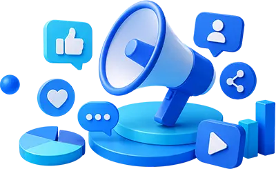 Social media marketing illustration with content promotion, audience engagement, analytics, video marketing, brand awareness, and digital growth.