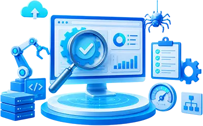 Technical SEO audit illustration featuring website analysis, bug detection, code optimization, performance monitoring, security checks, and search engine optimization tools.
