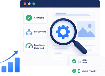 Technical SEO audit dashboard showing crawlability, site structure, page speed, HTTPS security, mobile optimization, and website performance improvements