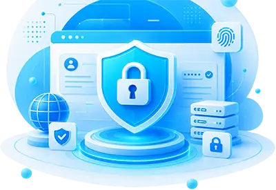 Website security illustration featuring a shield with a padlock, secure authentication, server protection, user privacy, and cybersecurity elements.